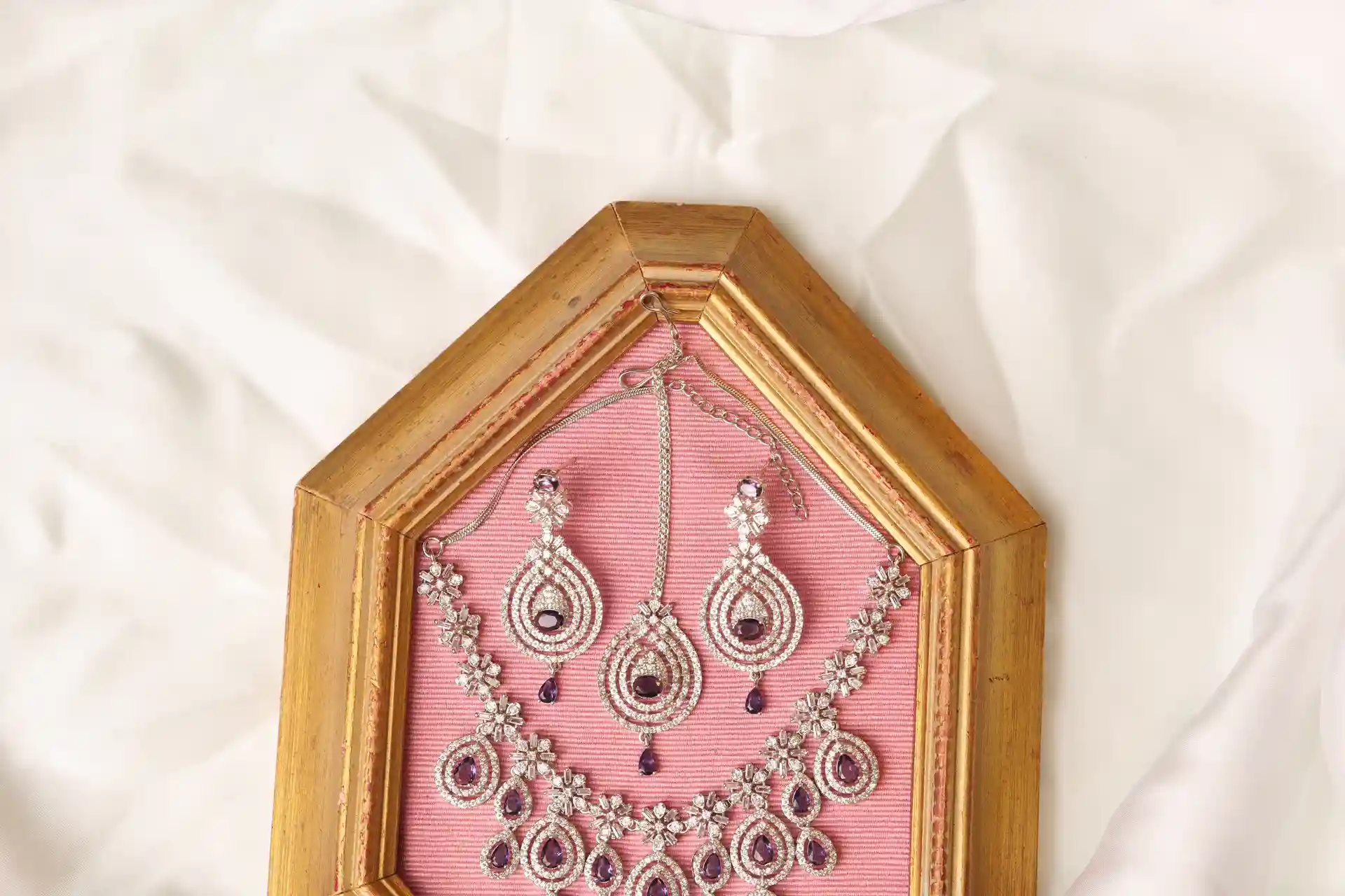 Matching Amethyst Drop Earrings and Maang Tikka from Celeste Purple Bridal Set by Naila J Designs