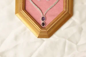 Close-up of Bloom Purple Amethyst Pendant Necklace, Rhodium Polished Chain and Synthetic Amethyst Stone