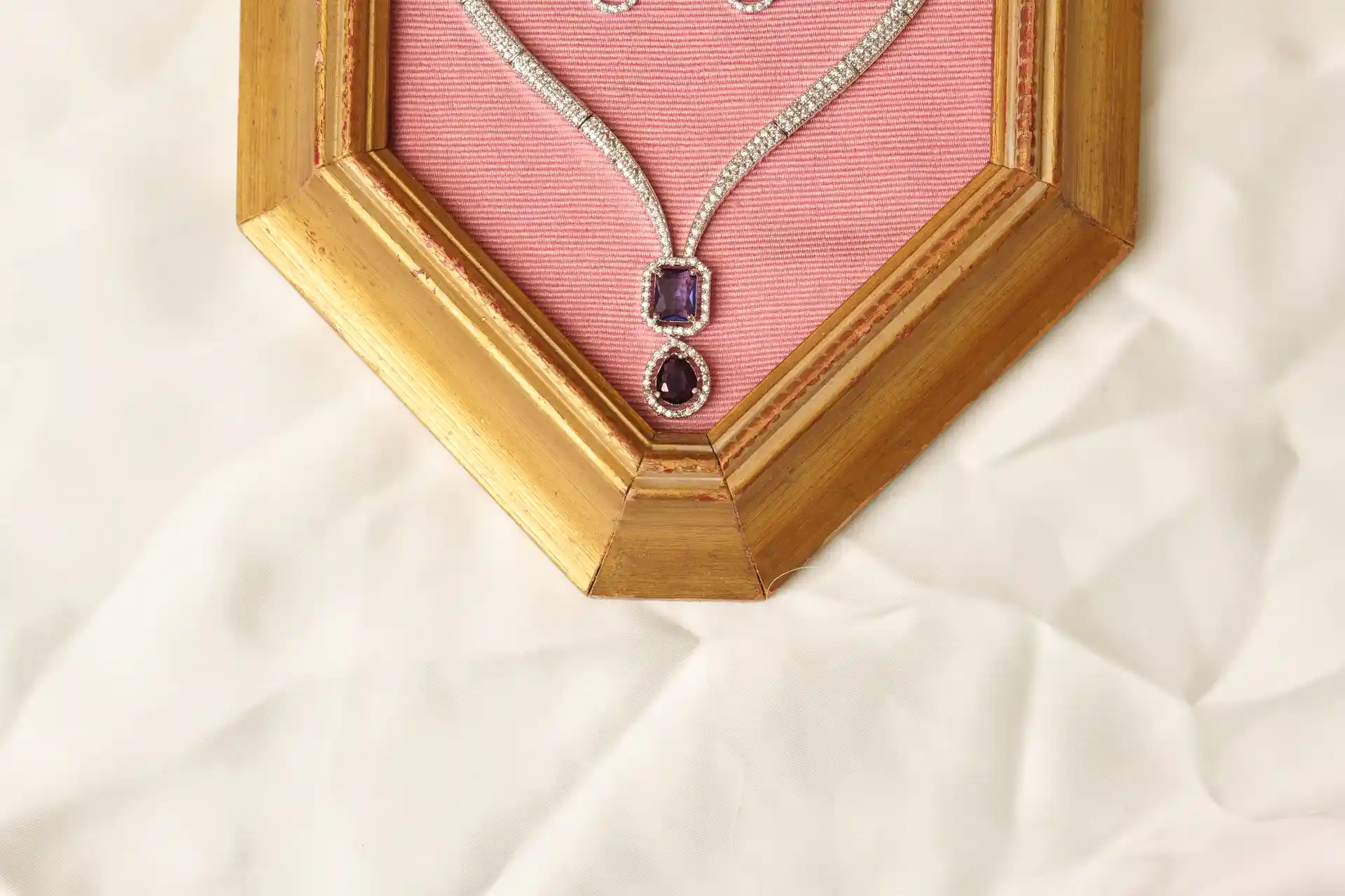 Close-up of Bloom Purple Amethyst Pendant Necklace, Rhodium Polished Chain and Synthetic Amethyst Stone