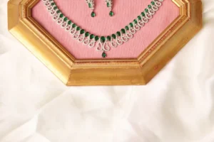 Close-up of Elara Green Necklace Showing Scroll Link Design and Pear-Cut Emerald-Tone CZ Drops