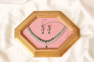 Emerald Drop Earrings and Scroll Chain Detail from Elara Green Necklace Set by Naila J Designs