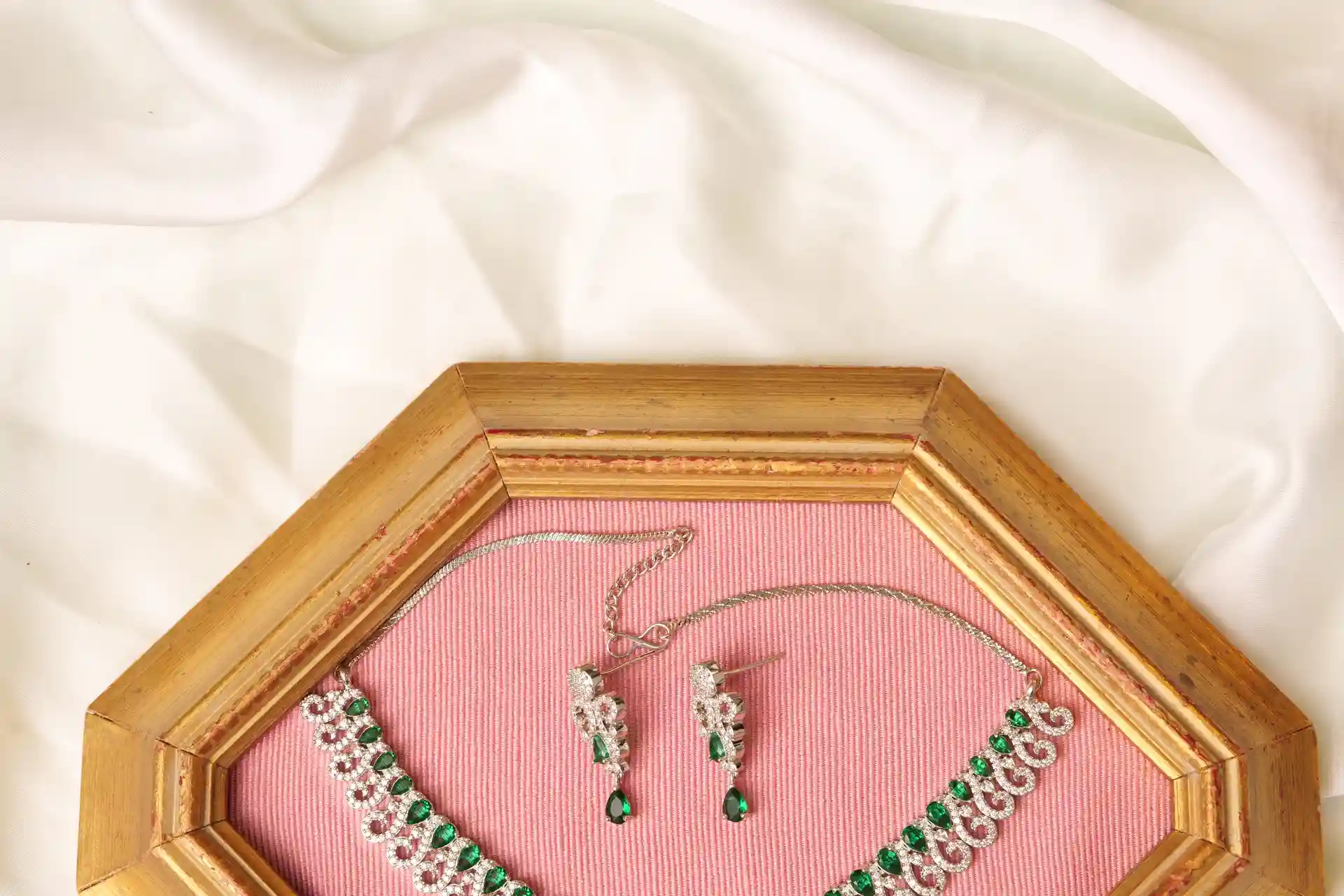 Emerald Drop Necklace Set - Elara Green, Rhodium Polished with Emerald-Tone CZ by Naila J Designs