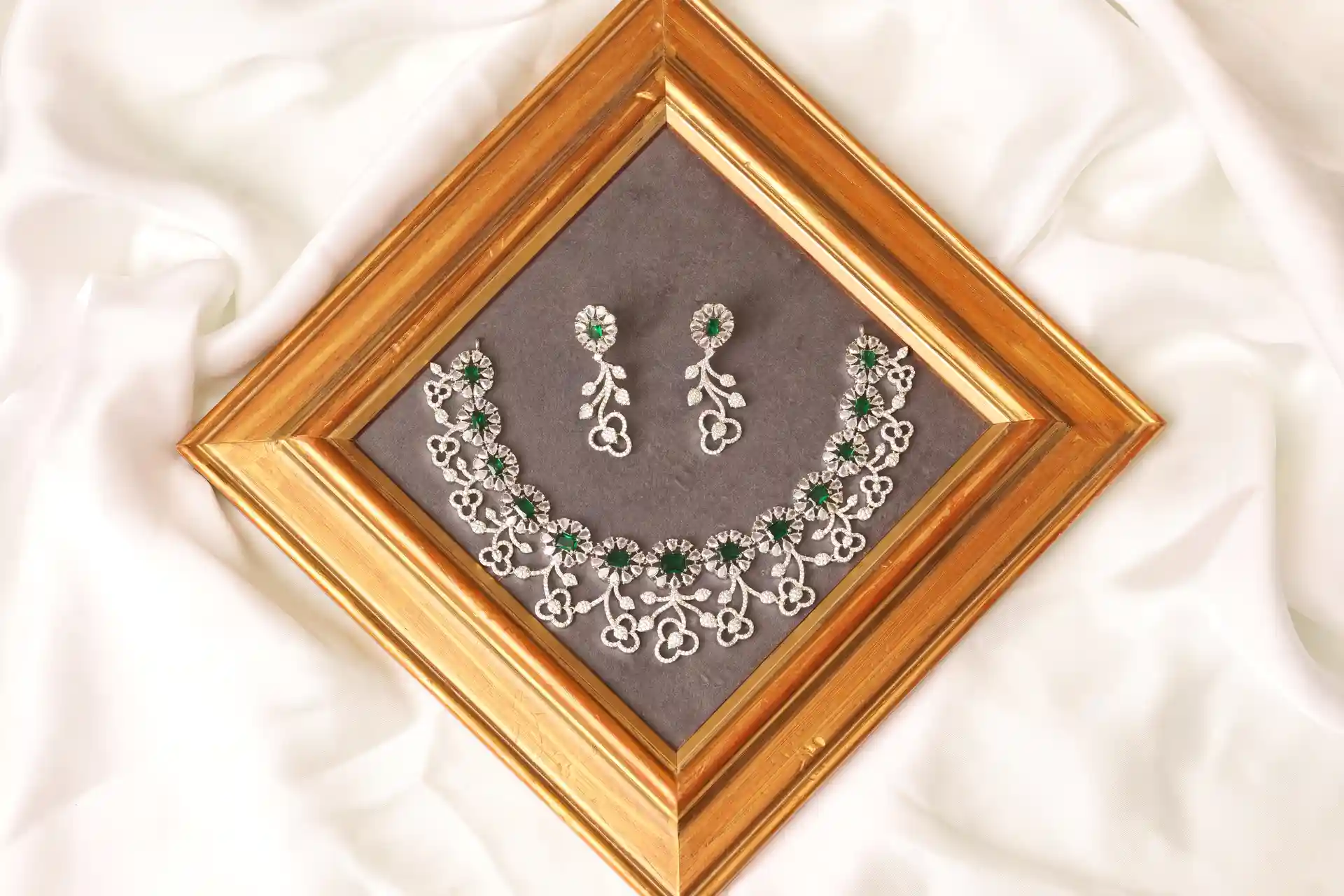 Emerald Necklace Set - Cora Green Floral, Rhodium Polished CZ Jewelry by Naila J Designs