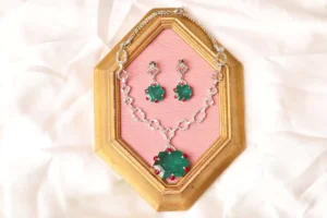 Emerald Drop Earrings and Baguette CZ Chain Detail from Elara Green Mala Set by Naila J Designs