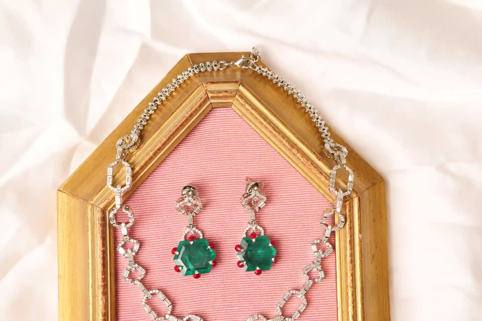 Emerald Pendant Necklace Set - Elara Green Mala, Rhodium Polished with Baguette CZ by Naila J Designs