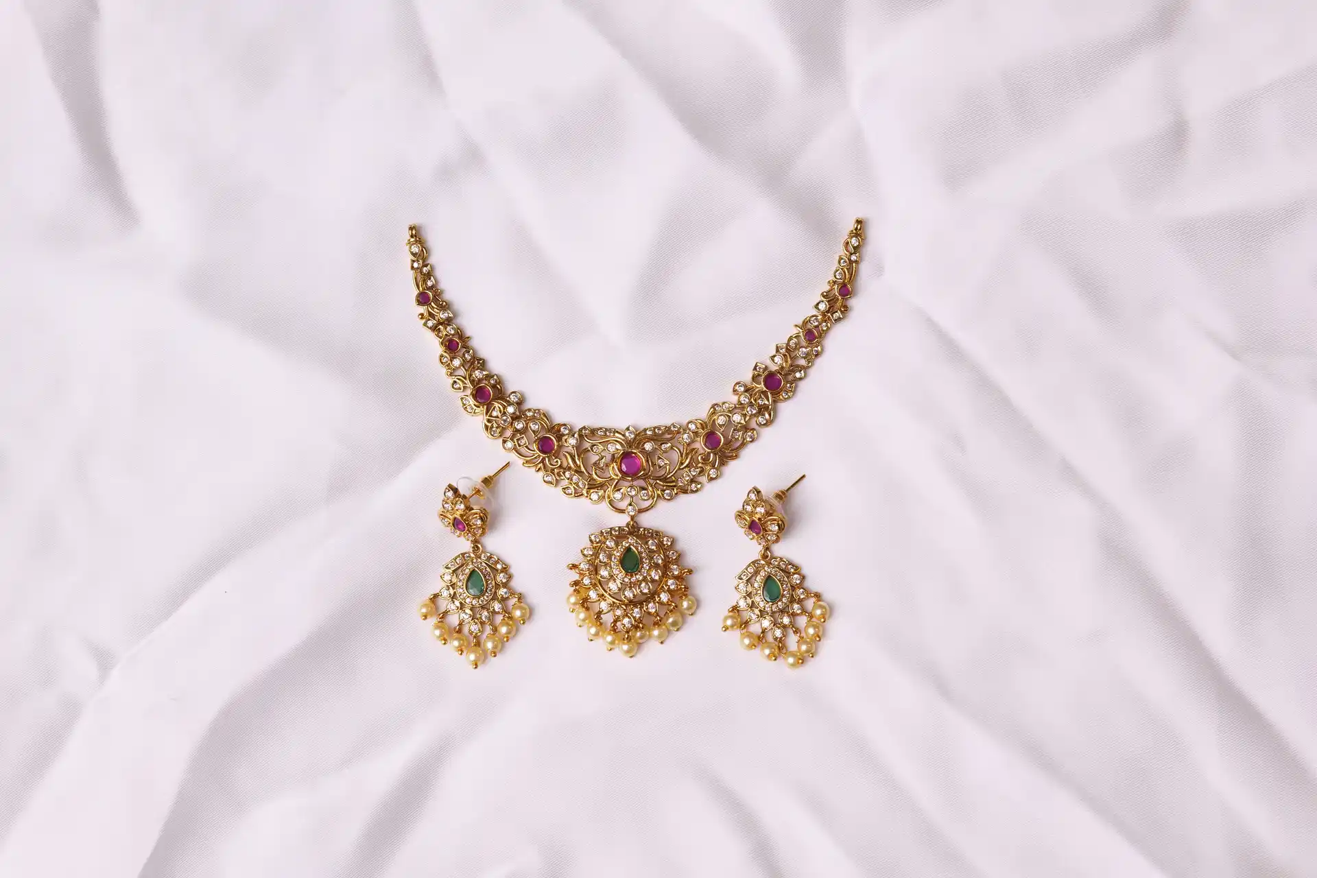 Jahan Ara Gold Polish Kundan Style Multi Stone Necklace & Earrings Set by by Naila J Designs