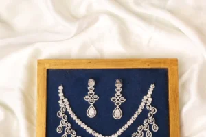 Close-up of Echo White Two-Layer Necklace Showing Graduated CZ Teardrop Drops and Center Pendant