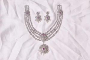 Multi Strand Necklace Set - Lyra Long Mala, CZ with Ruby-Tone Stones and Pearl Drops by Naila J Designs