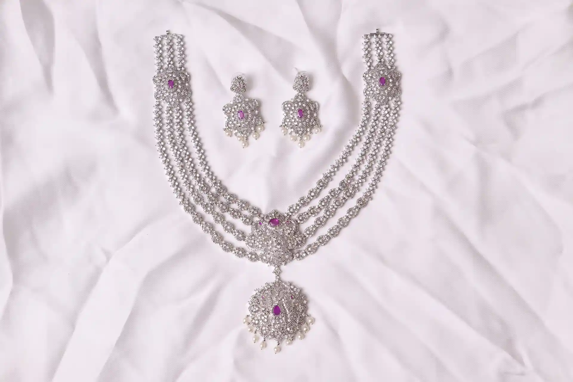 Multi Strand Necklace Set - Lyra Long Mala, CZ with Ruby-Tone Stones and Pearl Drops by Naila J Designs