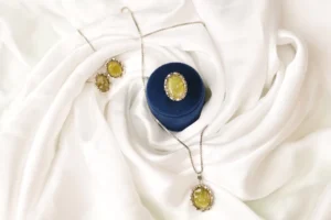 Serpentine Necklace and Ring Set - Green Pendant, Natural Stone with Platinum-Plated Setting by Naila J Designs