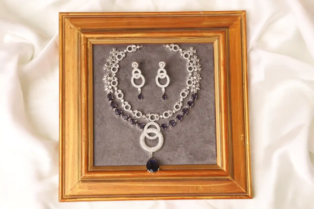 Amethyst Teardrop Necklace Set - Voya Double Layer, Silver CZ with Synthetic Amethyst by Naila J Designs