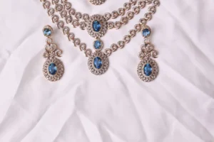 Close-up of Riva Aquamarine Necklace Pendant and Matching Drop Earrings in Ganga Jamni Finish