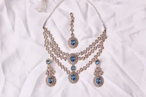 Aquamarine Bridal Set - Riva Three Layered, Ganga Jamni Two-Tone with Synthetic Aquamarine by Naila J Designs