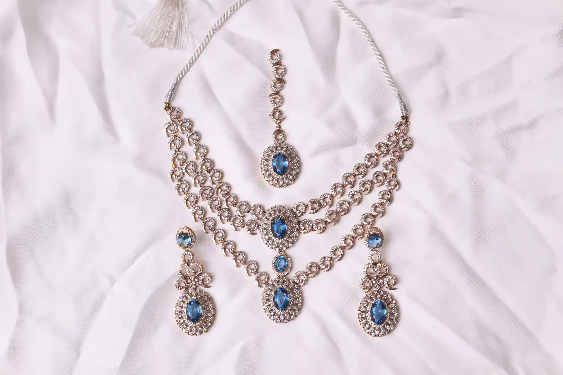 Aquamarine Bridal Set - Riva Three Layered, Ganga Jamni Two-Tone with Synthetic Aquamarine by Naila J Designs