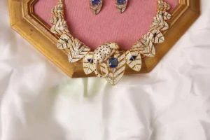 Close-up of Orra Necklace Sculptural Panther Figure with Blue Synthetic Sapphire and Pavé CZ