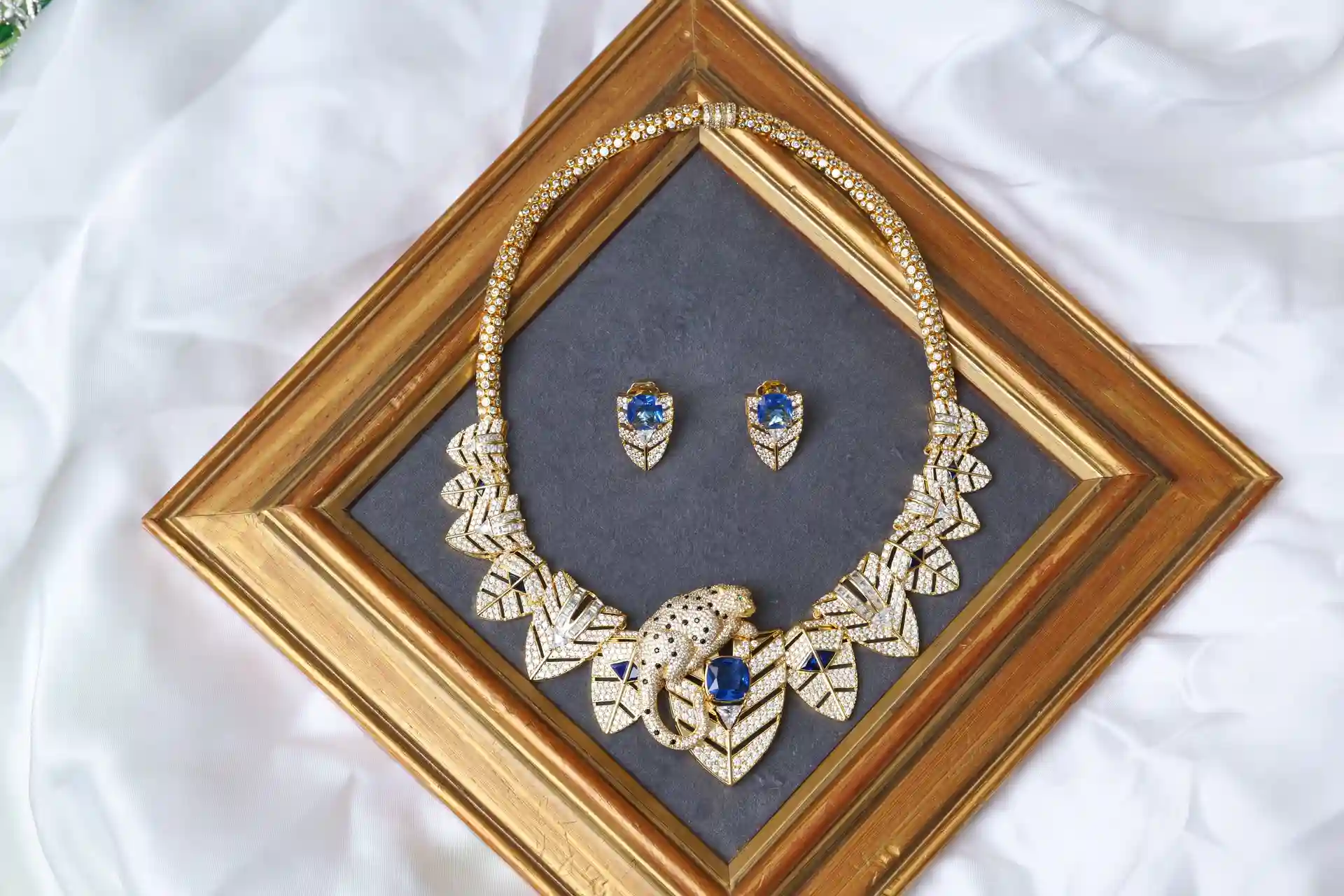 Gold Panther Necklace Set - Orra Golden, Blue Synthetic Sapphire with Pavé CZ by Naila J Designs