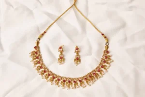 Indian Choker Necklace - Mumtaz Kundan Ruby, Gold Plated with Pearl Fringe by Naila J Designs