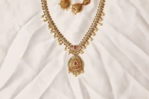 Close-up of Shahi Gulzar Necklace Teardrop Pendant and Matching Jhumka Earrings