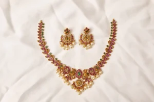 Kundan Necklace Set - Mehrunnisa Pearl, Gold-Tone with Ruby and Emerald Detailing by Naila J Designs