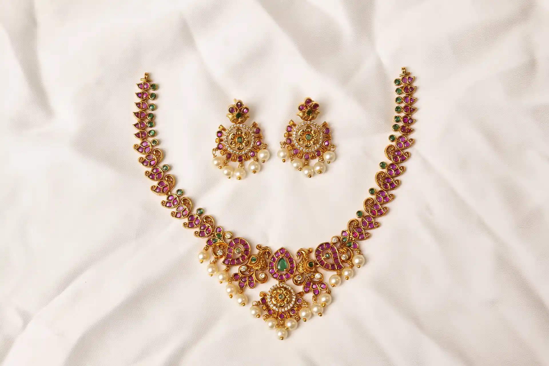 Kundan Necklace Set - Mehrunnisa Pearl, Gold-Tone with Ruby and Emerald Detailing by Naila J Designs