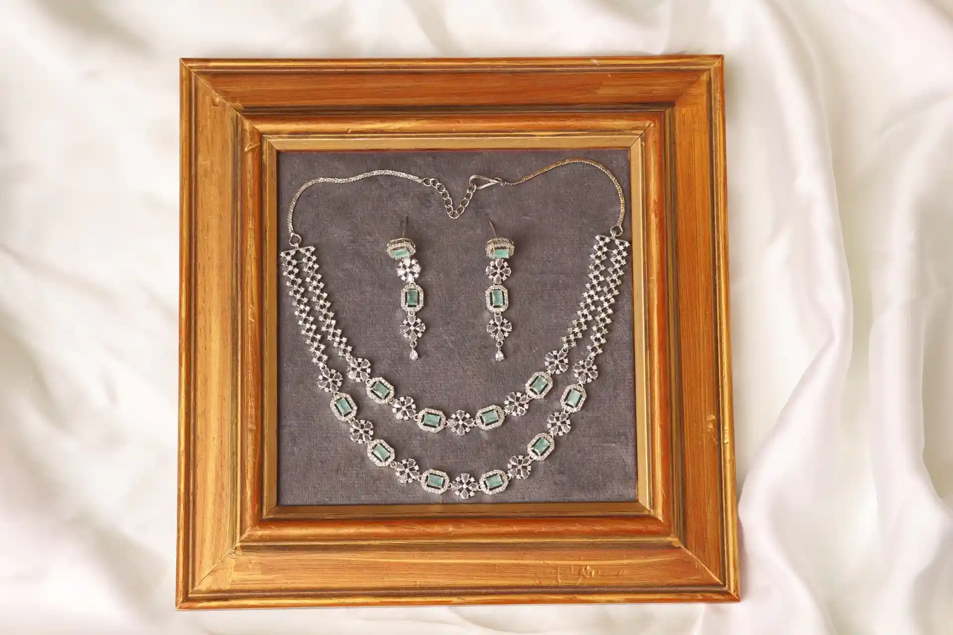 Mint Green Jewelry Set - Muse Two Layered, Rhodium Polished CZ Necklace and Earrings by Naila J Designs