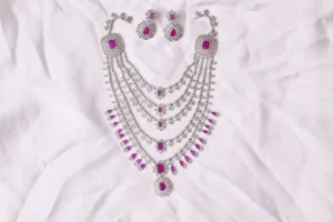 Multi Strand Bridal Necklace - Tess Long Mala, Rhodium Plated CZ with Ruby-Pink Accents by Naila J Designs
