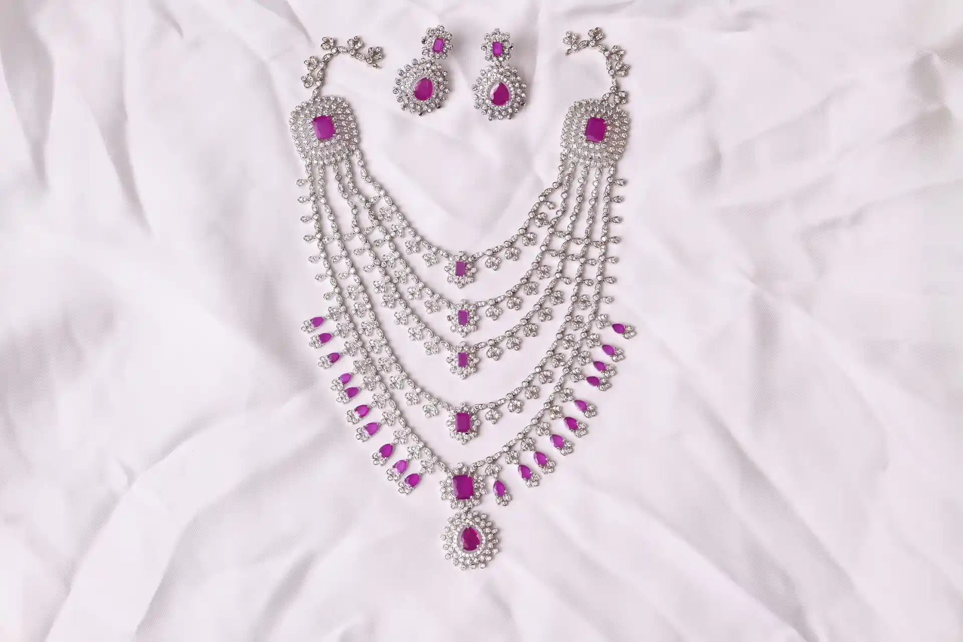 Multi Strand Bridal Necklace - Tess Long Mala, Rhodium Plated CZ with Ruby-Pink Accents by Naila J Designs