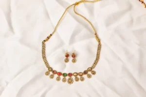 Navratna Necklace Set - Taj Noor, Small Chain Style with Nine Multi-Color Stones by Naila J Designs