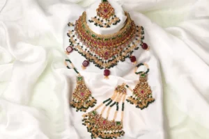 Pakistani Bridal Jewelry Set - Raaj Rani, Kundan with Ruby and Emerald Detailing by Naila J Designs