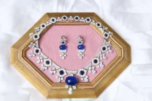Sapphire Statement Necklace - Nava Blue Set, American Diamond Rhodium Plated by Naila J Designs