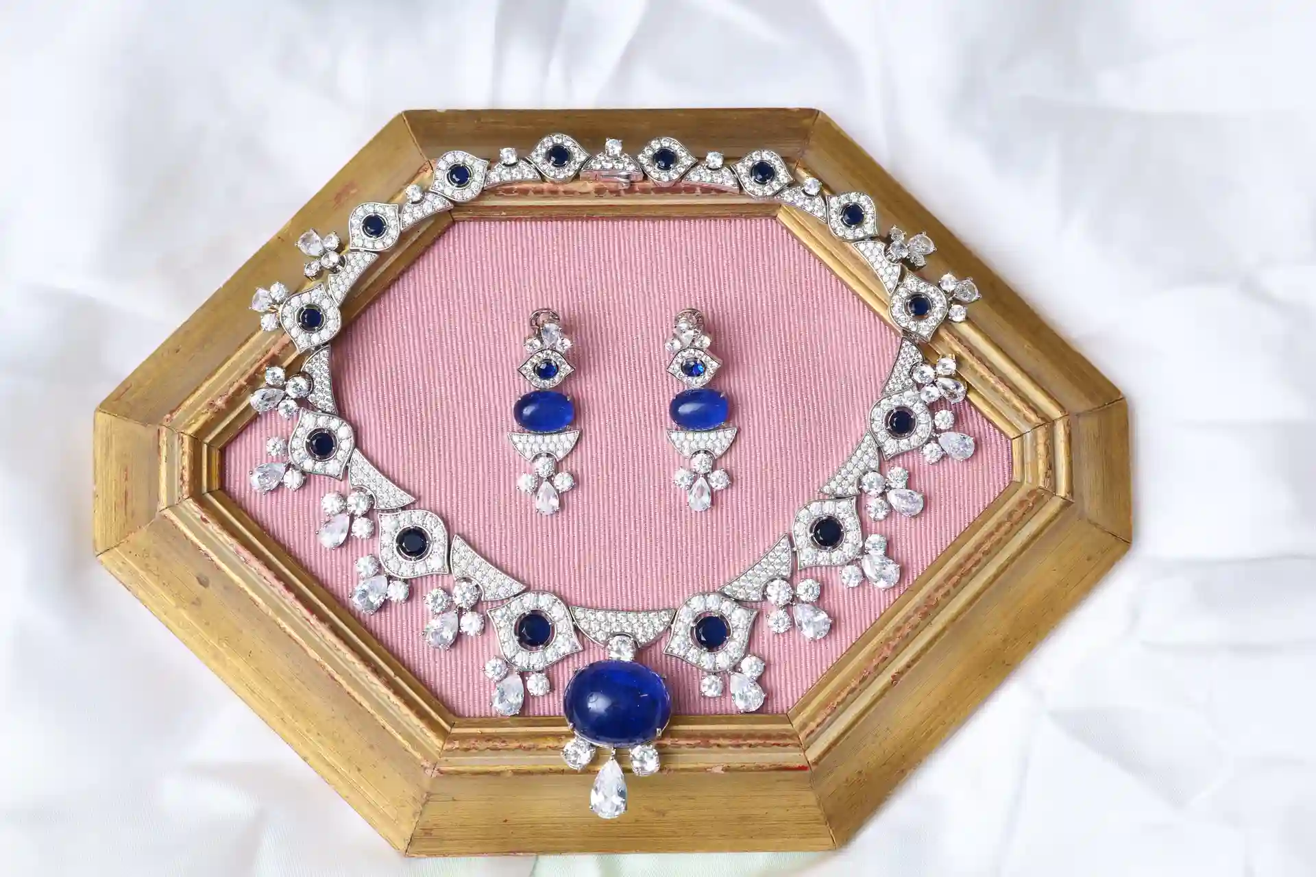 Sapphire Statement Necklace - Nava Blue Set, American Diamond Rhodium Plated by Naila J Designs