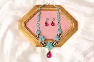 Tourmaline Necklace Set - Vela Blue and Pink, Mala Style with Synthetic Stones by Naila J Designs